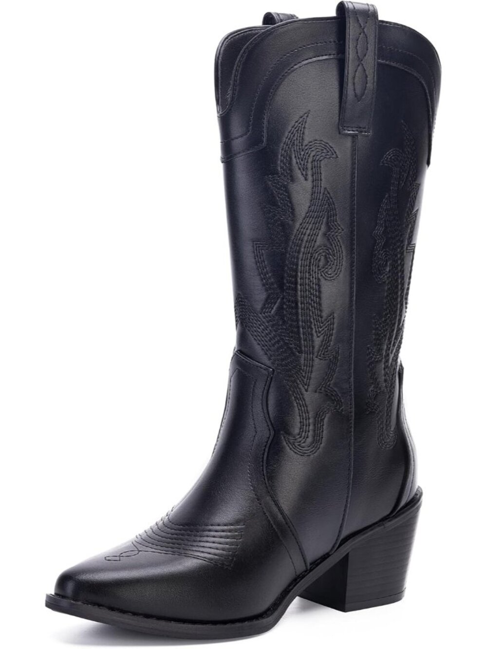 Women's Black Cowboy Boots Pointed Toe Western Boots Embroidered Mid Calf Boots
